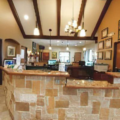 Modern veterinary clinic lobby at Woodland Springs Vet Hospital in Fort Worth, TX
