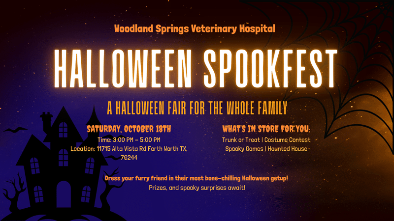 Woodland Springs Vet Hospital Halloween Spookfest seasonal event promotional graphic
