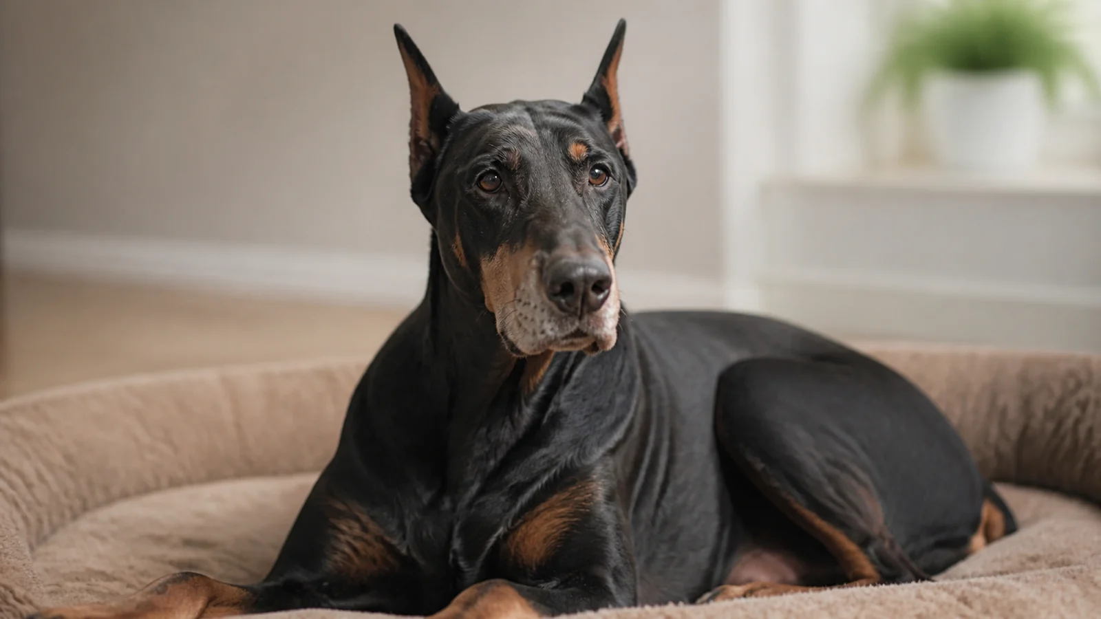 Senior Doberman Pinscher resting comfortably indoors on a soft dog bed, appearing relaxed and calm.