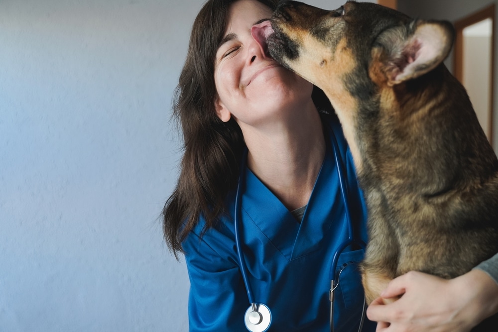 Happy dog licking a smiling veterinarian's face during a compassionate veterinary exam