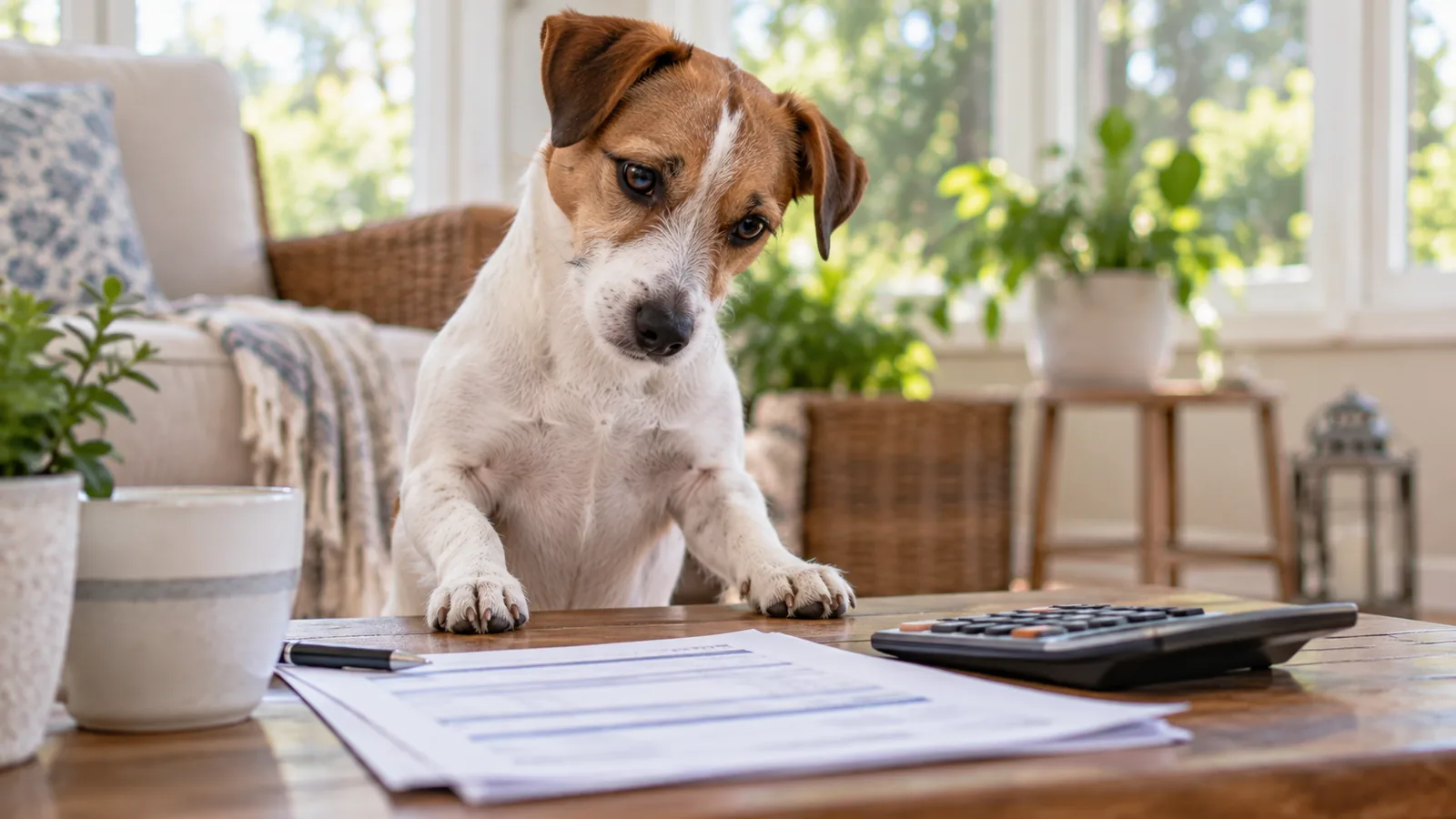 A Jack Russell type terrier with its front paws on a table beside a printed form, pen, and calculator